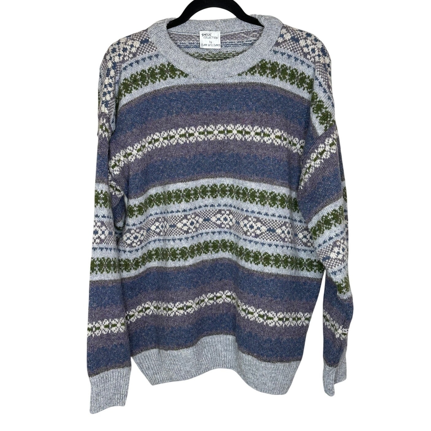 Vintage Wool Blend Fair Isle Sweater Crewneck Gray Purple Blue Winter Soft L
